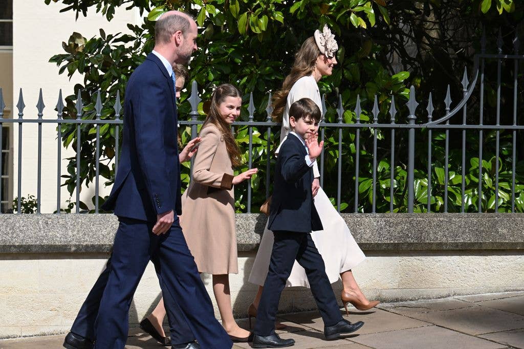 Prince William, Prince of Wales, Prince George of Wales, Princess Charlotte of Wales, Prince Louis of Wales and Catherine, Princess of Wales depart after the 2026 Easter Matins Service