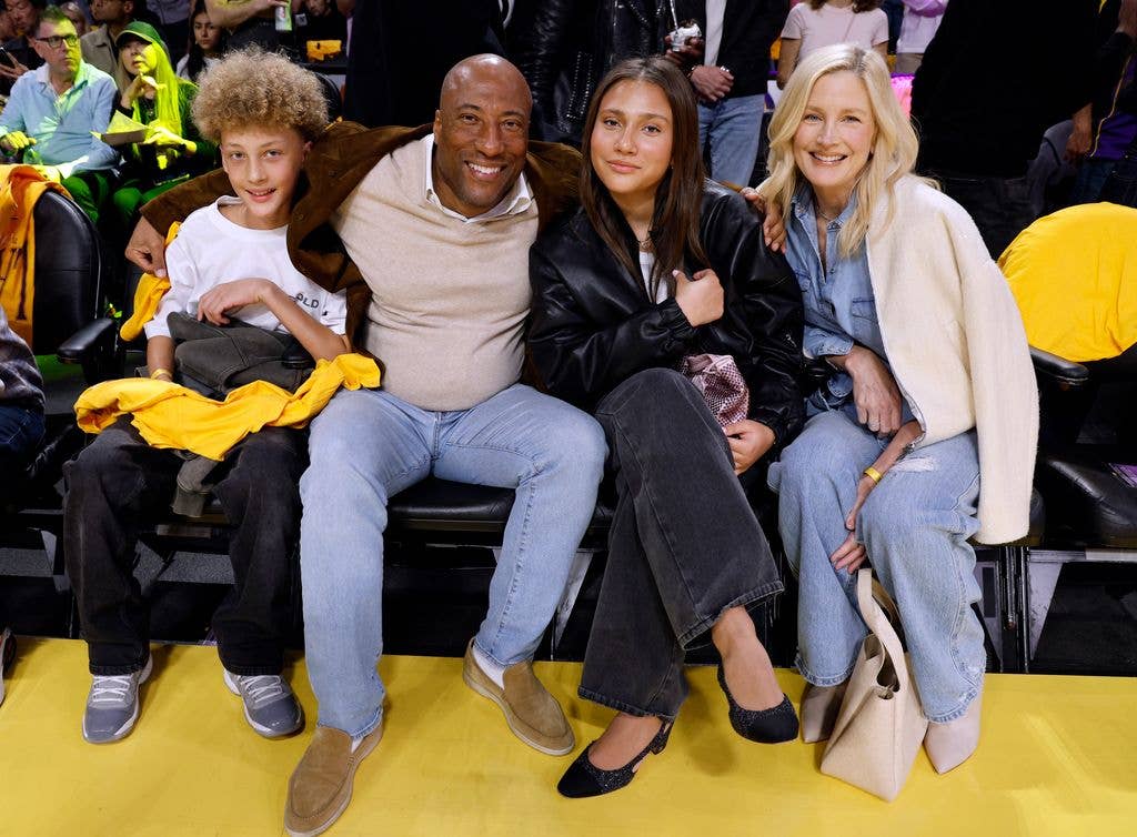 Lucas Allen, Byron Allen, Olivia Allen and Jennifer Lucas attend the Los Angeles Lakers and Minnesota Timberwolves basketball game with his family at Crypto.com Arena on April 19, 2025 in Los Angeles, California. NOTE TO USER: User expressly acknowledges and agrees that, by downloading and or using this photograph, User is consenting to the terms and conditions of the Getty Images License Agreement. 