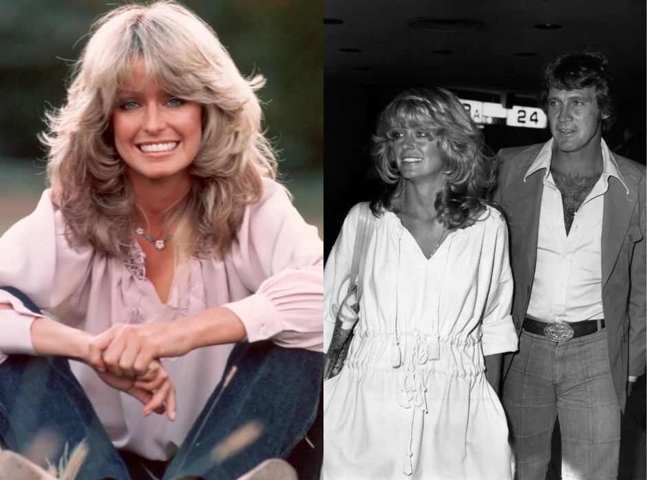 Split image of Farrah Fawcett. On the left, sitting cross legged with her knees raised, resting her elbows on her knees and holding one hand in another, wearing jeans with a white blouse. 