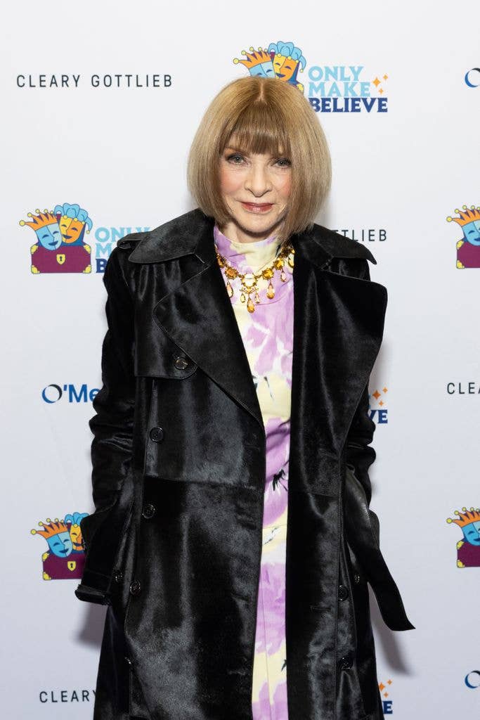Anna Wintour in black coat and purple dress at the 2025 Only Make Believe Gala at Shubert Theatre 