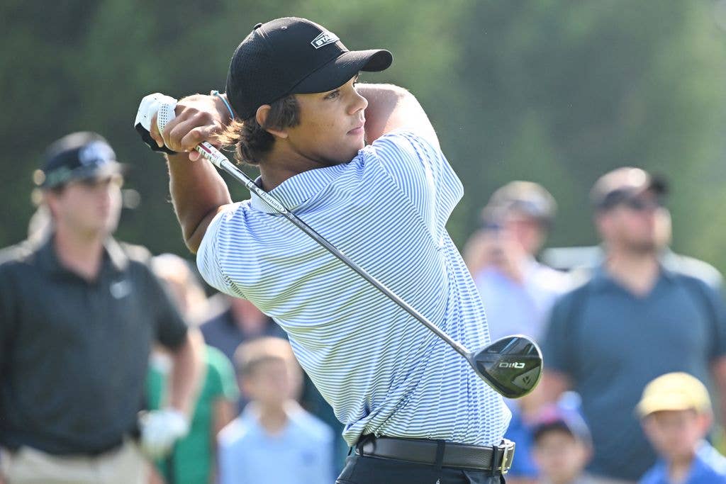 Charlie Woods hits his tee shot on the first hole during the final round of the 2025 Junior PGA Championship at Birck Boilermaker Golf Complex on Friday, August 1, 2025 in West Lafayette, Indiana