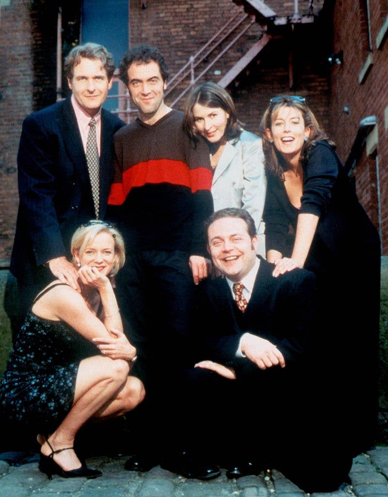 Hermione with her Cold Feet co-stars Robert Bathurst, James Nesbitt, Helen Baxendale, Fay Ripley and John Thomson