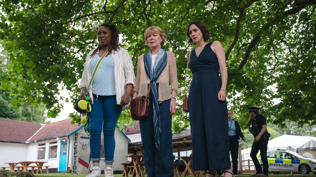 Jo Martin as Suzie Harris, Samantha Bond as Judith Potts and Cara Horgan as Becks Starling in The Marlow Murder Club 