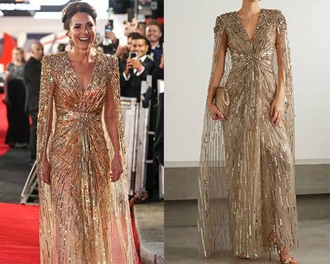 Kate Middleton wearing Jenny Packham gold 'Bond Girl' dress 