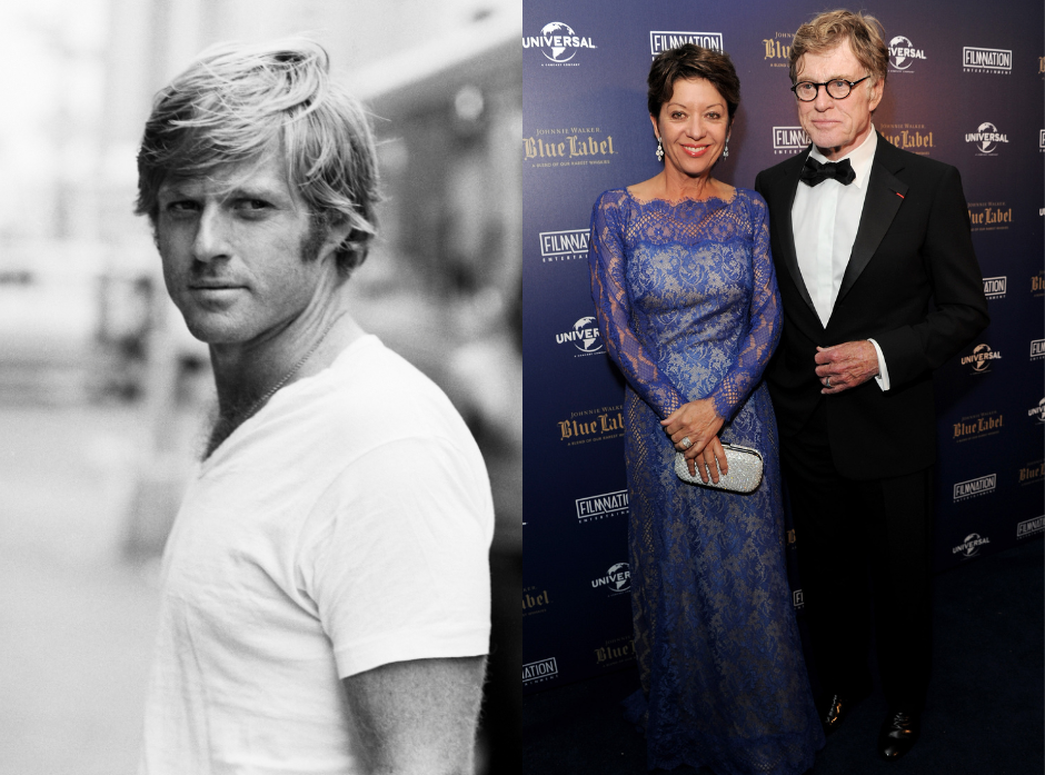 Split image of Robert Redford. On the left in black and white, Robert Redford wears a t shirt and stands with his left side facing the camera, turning his head to the left and looking straight down the lens. On the right, he stands in a tux with a black bowtie next to wife 