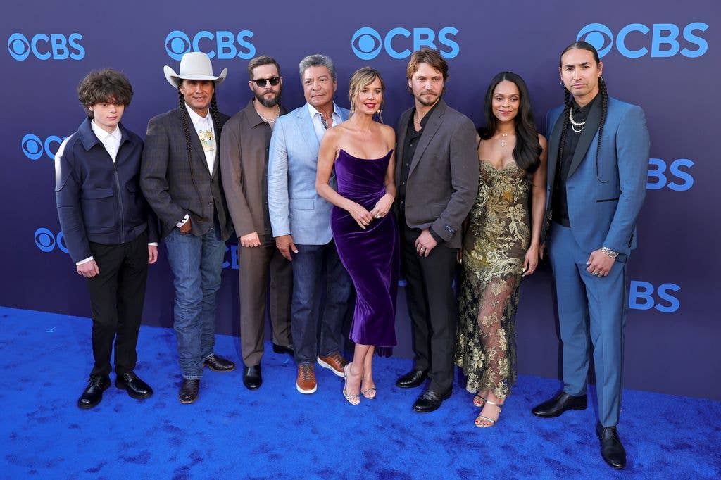 LOS ANGELES, CALIFORNIA - APRIL 15: (L-R) Brecken Merrill, Mo Brings Plenty, Logan Marshall-Green, Gil Birmingham, Arielle Kebbel, Luke Grimes, Ash Santos and Tatanka Means attend CBS Fest 2026 at Paramount Pictures Studios on April 15, 2026 in Los Angeles, California. (Photo by Kevin Winter/Getty Images)