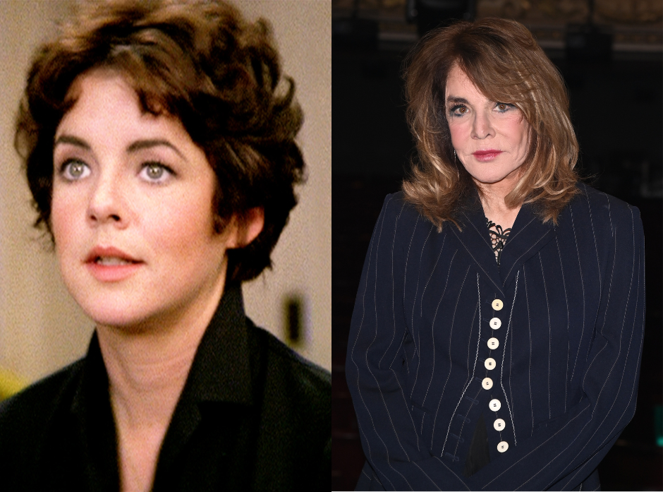 Split image of Stockard Channing. On the left as seen in Grease, looking upwards with short curly brown hair and wearing a black top with a narrow vneck. On the right, in a pin striped black blazer with white buttons and a long bob.