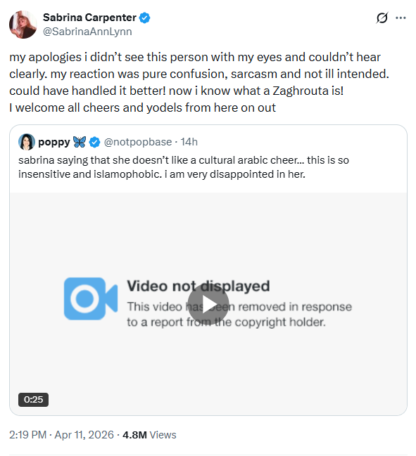 Sabrina Carpenter apologizes after accusations of Islamophobia at Coachella
