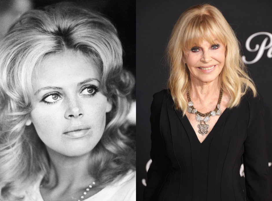 Black and white headshot of Britt Ekland. On the left, in 2022 wearing a black dress.