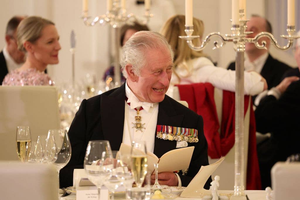 His Majesty appeared to be in great spirits at a state banquet during his 2023 state visit to Germany.