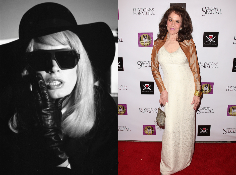 Karen Black wearing sunglasses in disguise in a publicity portrait for Alfred Hitchcock's 1976 film 'Family Plot'. On the right, in a cream dress with brown patterned shawl sleeves in 2011.