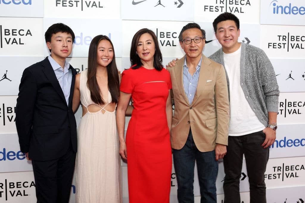 Joe Tsai (R), Clara Wu Tsai (L) and children Jacob Tsai, Alex Tsai and Dash Tsai (L-R) attend the "Unfinished Business" premiere during the 2022 Tribeca Festival at BMCC Tribeca PAC on June 13, 2022 in New York City