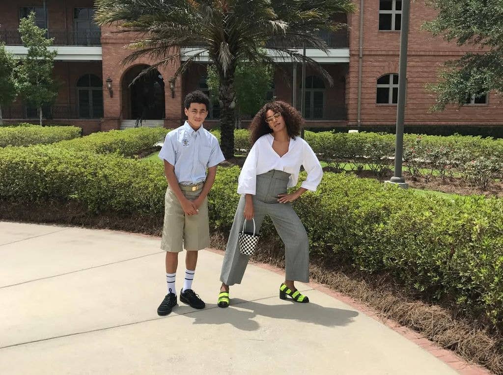 Solange Knowles and Julez Smith pose for a photo outside a school drop-off, shared on Instagram
