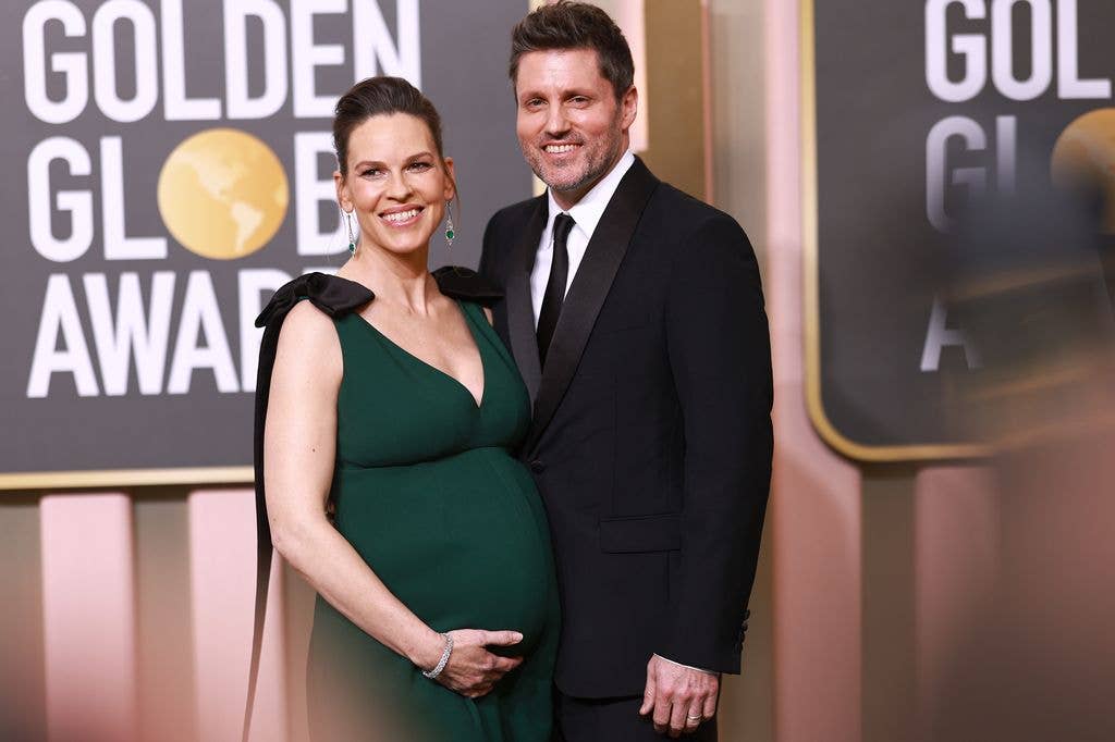 Hilary Swank and Philip Schneider attend the 80th Annual Golden Globe Awards at The Beverly Hilton on January 10, 2023 in Beverly Hills, California.
