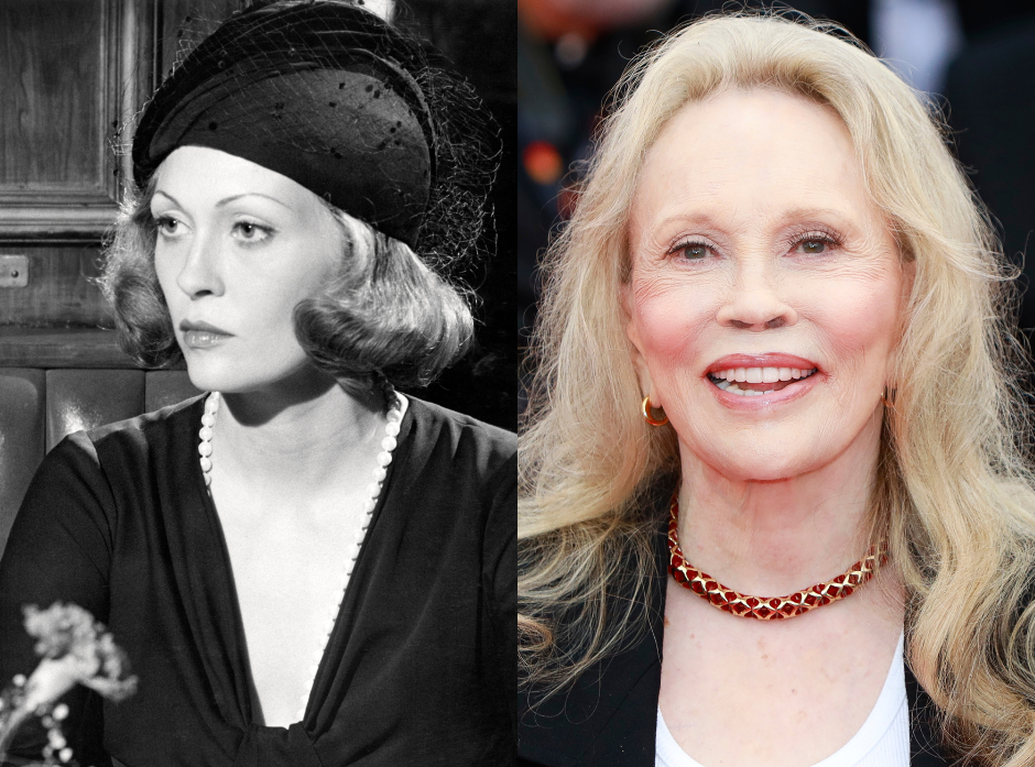Actress Faye Dunaway as Evelyn Mulwray in the film 'Chinatown' wearing a black dress, pearl necklace and hair turban. On the right, in 2024 wearing a white top and black suit jacket with a red choker necklace.