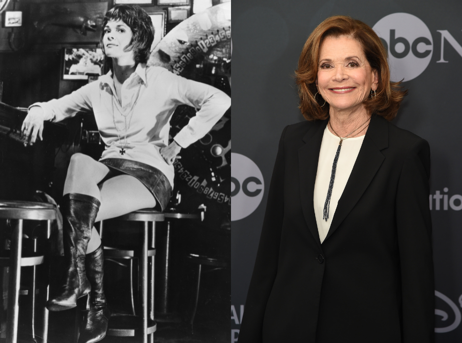 Portrait of actress Jessica Walker at a bar, as she appears in the movie 'Play Misty for Me', wearing a shirt, mini skirt and high boots sat on a stool. On the right, in 2019 wearing a black suit jacket, white top and long black tassel necklace.