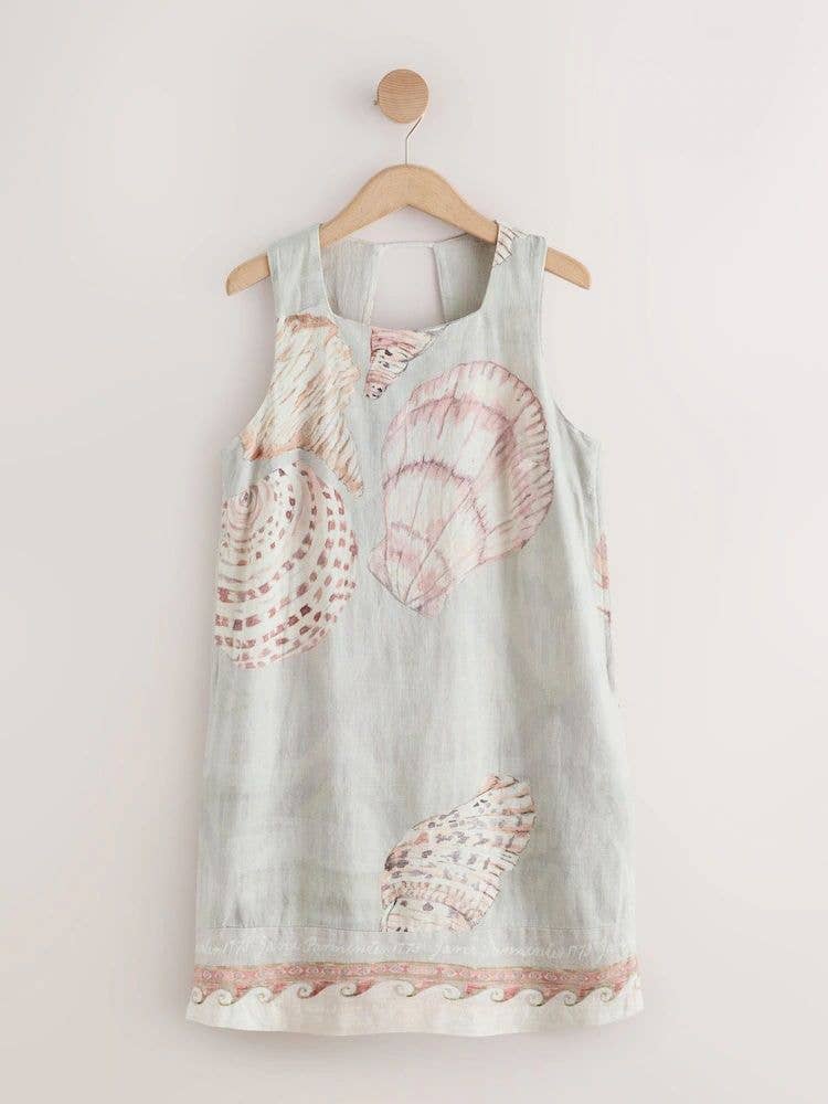 Ecru/Blue Shell Print National Trust X Next Linen Rich Square Neck Shift Mini Dress