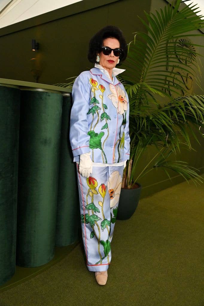 Bianca Jagger visits a dinner co-hosted by Burberry and The Newt in Somerset at the RHS Chelsea Flower Show