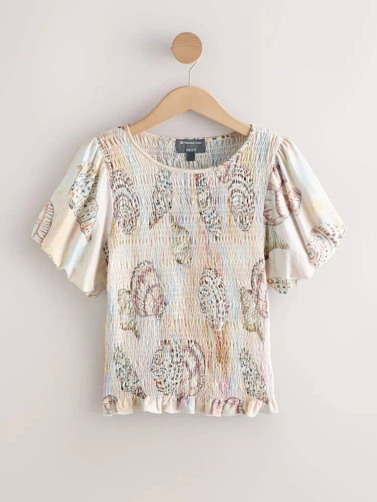 Ecru/Pink Shell Print National Trust x Next Shirred Short Sleeve T-Shirt