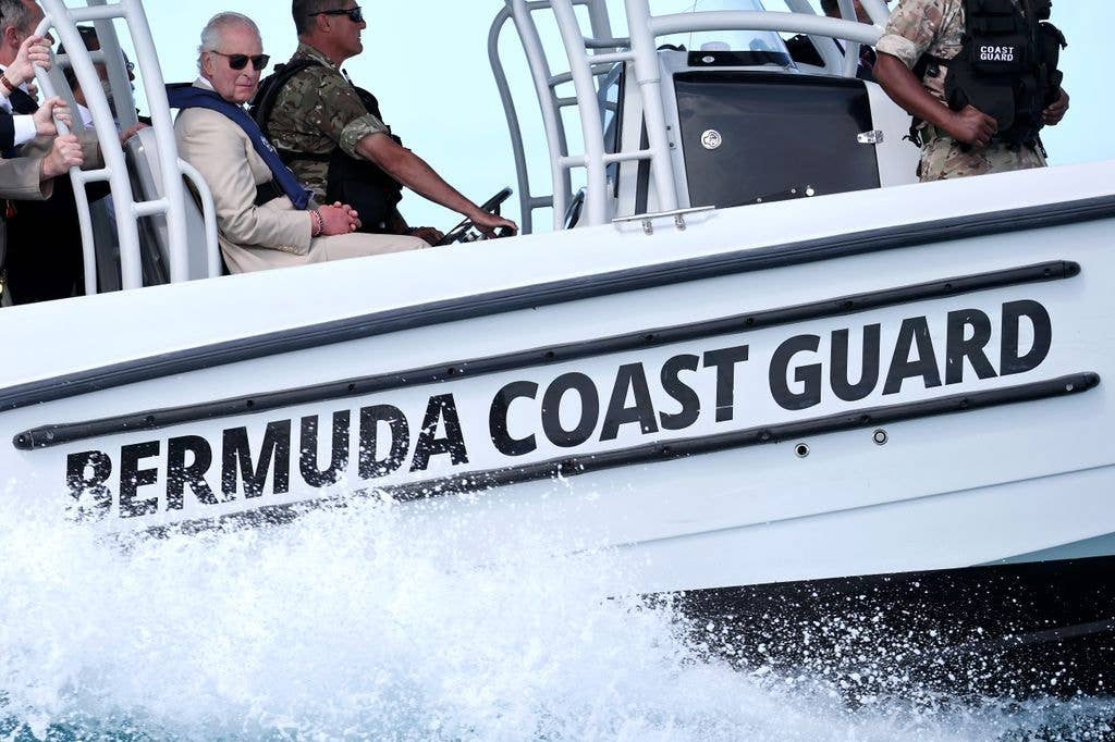 King Charles III onboard the Coast Guardâs console boat during a Coast Guard briefing on May 01, 2026 in Hamilton, Bermuda. During the briefing King Charles III will hear about how the Coast Guard deal with illegal fishing and smuggling