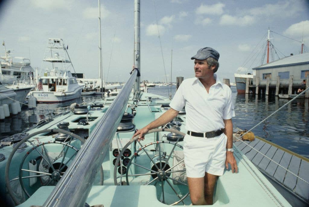 American entertainer Ted Turner aboard his yacht 'Courageous' in dock at Newport, Rhode Island, August 31st 1977