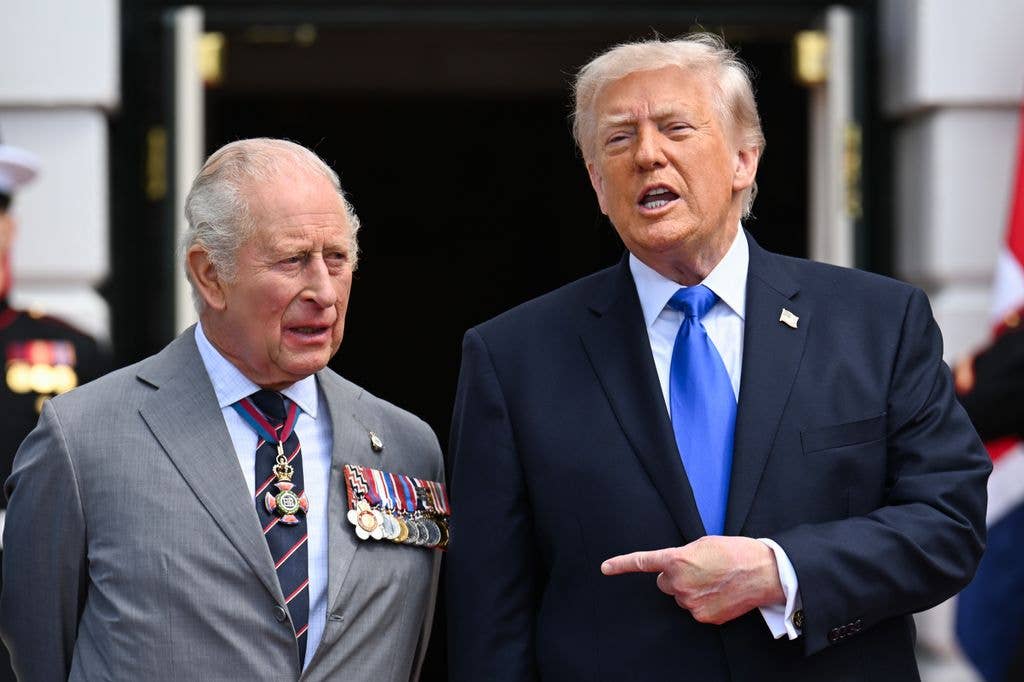 King Charles and U.S. President Donald Trump pose during a farewell ceremony at the White House 