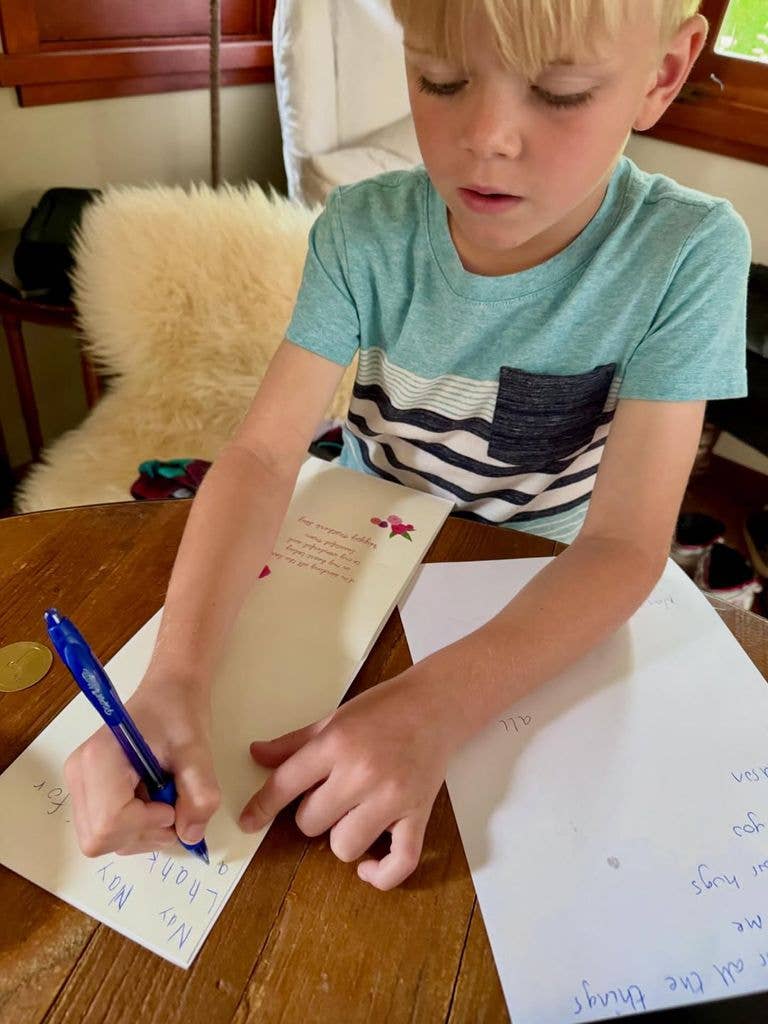 Hudson Anstead writes a Mother's Day card for Christina Haack and Renée Zellweger, shared by Ant Anstead on Instagram