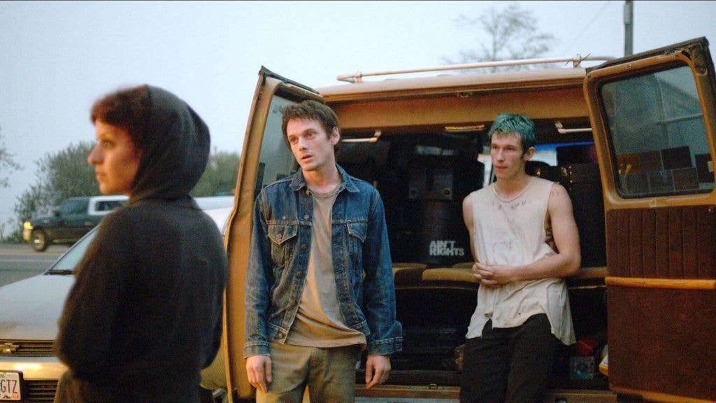 Alia Shawkat, Anton Yelchin and Callum Turner in a still from Green Room