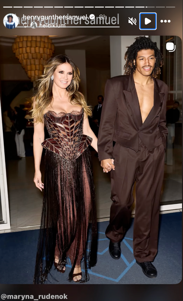 Henry in brown suit and Heidi in brown dress