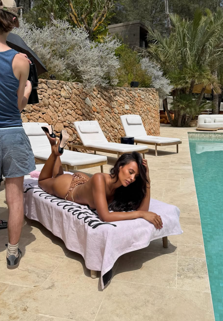 A photo of Maya Jama wearing a leopard print bikini