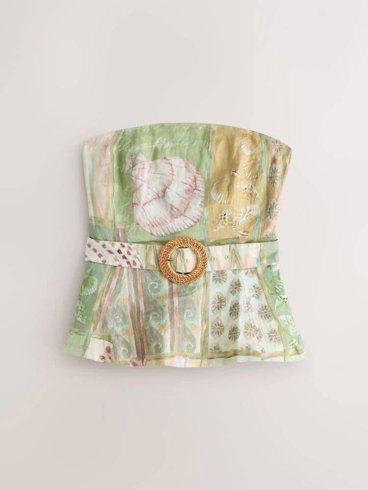 Green/Pink Shell Patchwork Print N. Premium Bandeau Top With Linen