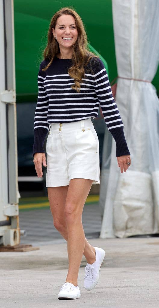 Kate Middleton, the Princess of Wales is seen wearing white shorts and a Breton-striped top