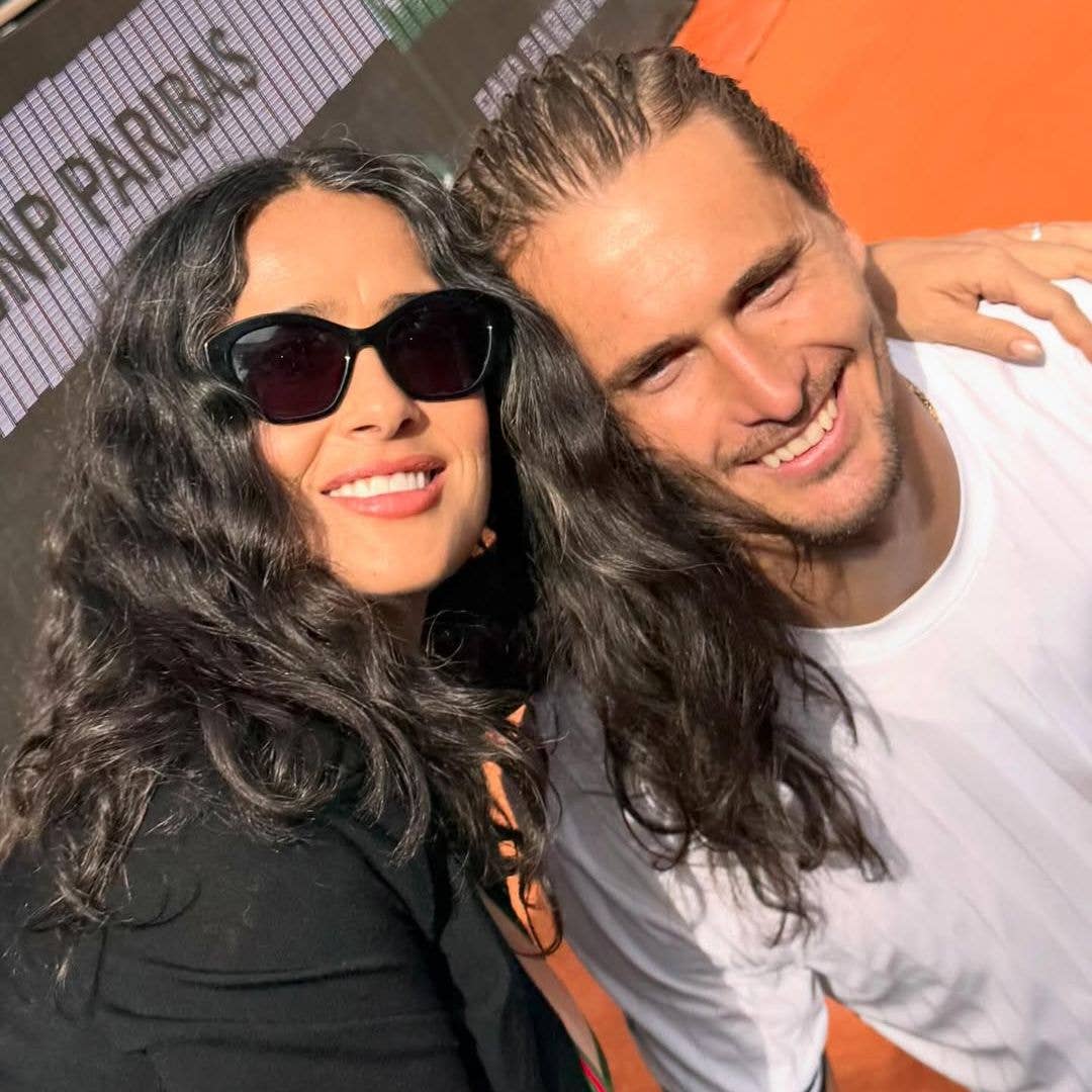 Salma Hayek and Alexander Zverev pose for a selfie at the 2026 French Open after his win against Jesper De Jong on May 31, shared on Instagram
