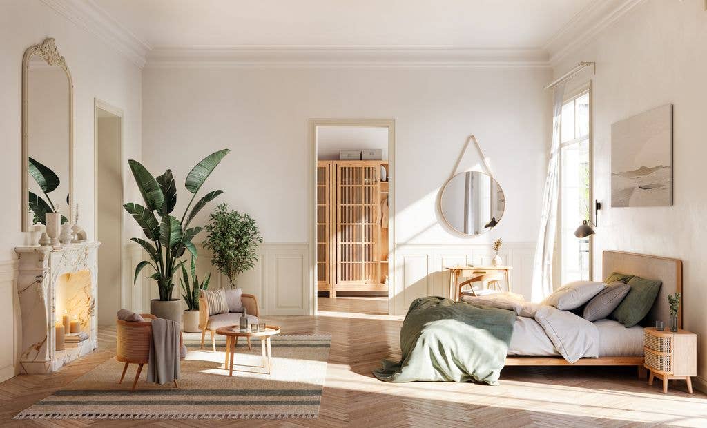 This bright and airy bedroom boasts a Parisian flair with its high ceilings, elegant fireplace, and refined decor. The large windows allow for a flood of natural light, highlighting the room's tasteful furnishings and calm color palette.