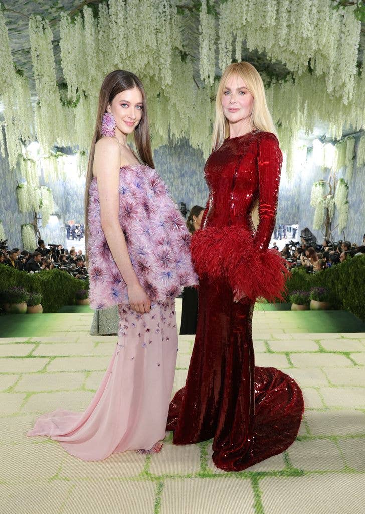 Sunday Rose Kidman Urban in pink dress and Nicole Kidman in red dress attend the 2026 Met Gala
