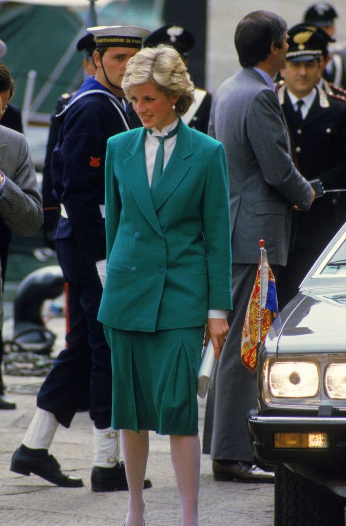  Princess diana wears a green Jasper Conran suit and tie 