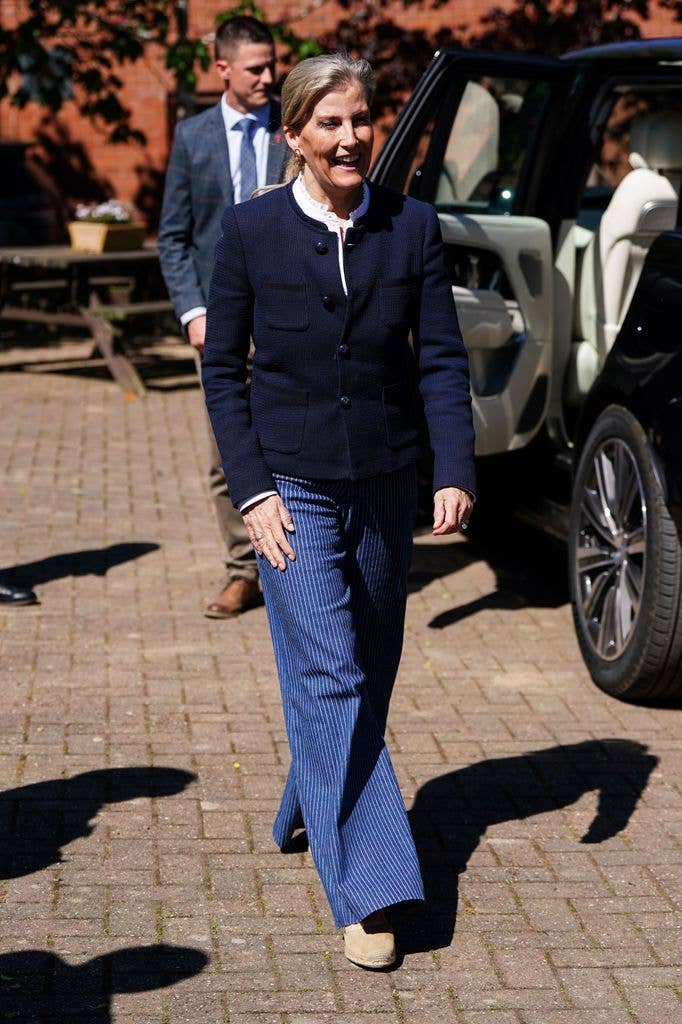 The Duchess of Edinburgh in blue jacket and trousers