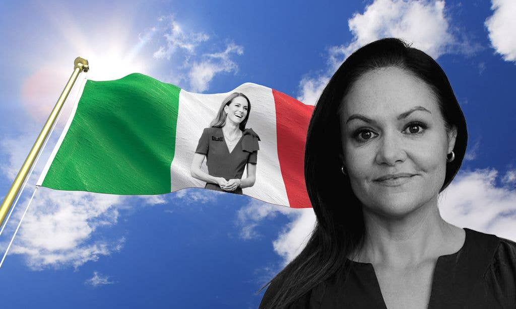 Black and white cut-out of woman in foreground with blue sky and an Italian flag depicting princess Kate in the background