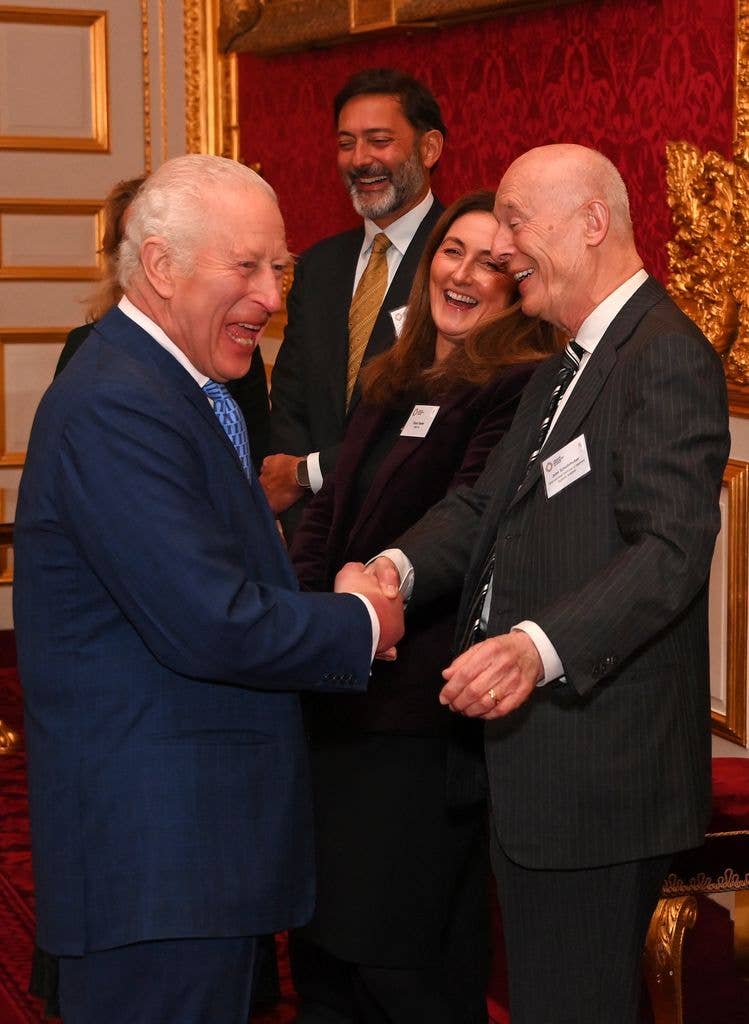 The monarch laughed through a handshake while at an event celebrating the launch of the Circular Bioeconomy Alliance at St. James's Palace in 2024.