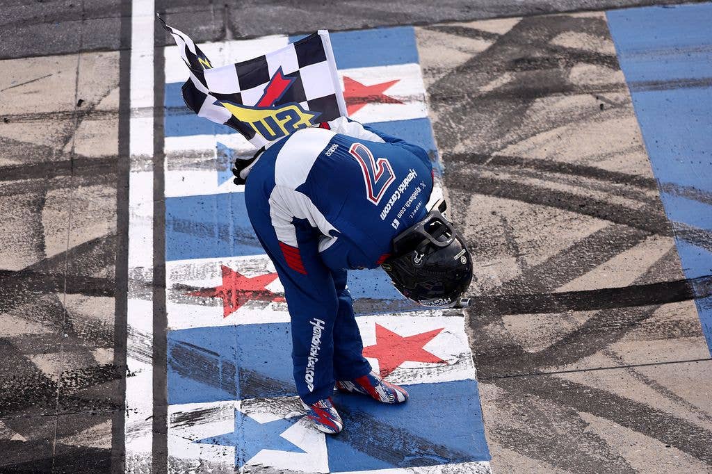 Kyle Busch, driver of the #7 HendrickCars.com Chevrolet, takes a bow after winning the NASCAR Craftsman Truck Series ECOSAVE 200 at Dover Motor Speedway on May 15, 2026 in Dover, Delaware. (Photo by Meg Oliphant/Getty Images)
