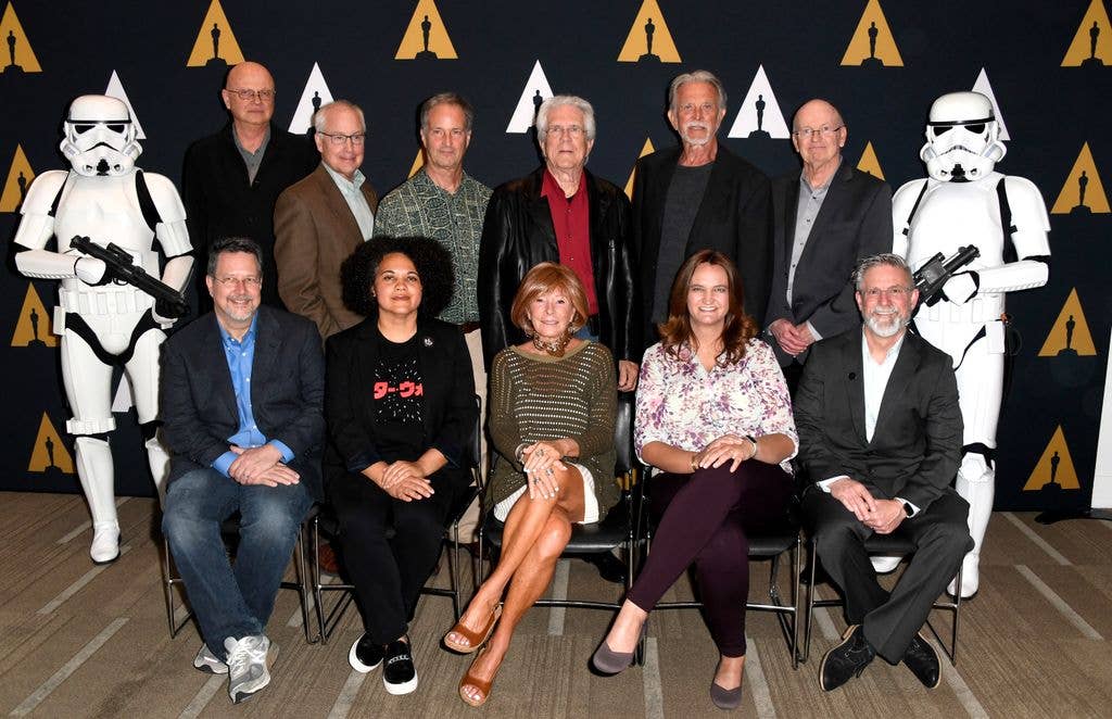 Marcia (front row, third from left) with the cast and crew of Star Wars