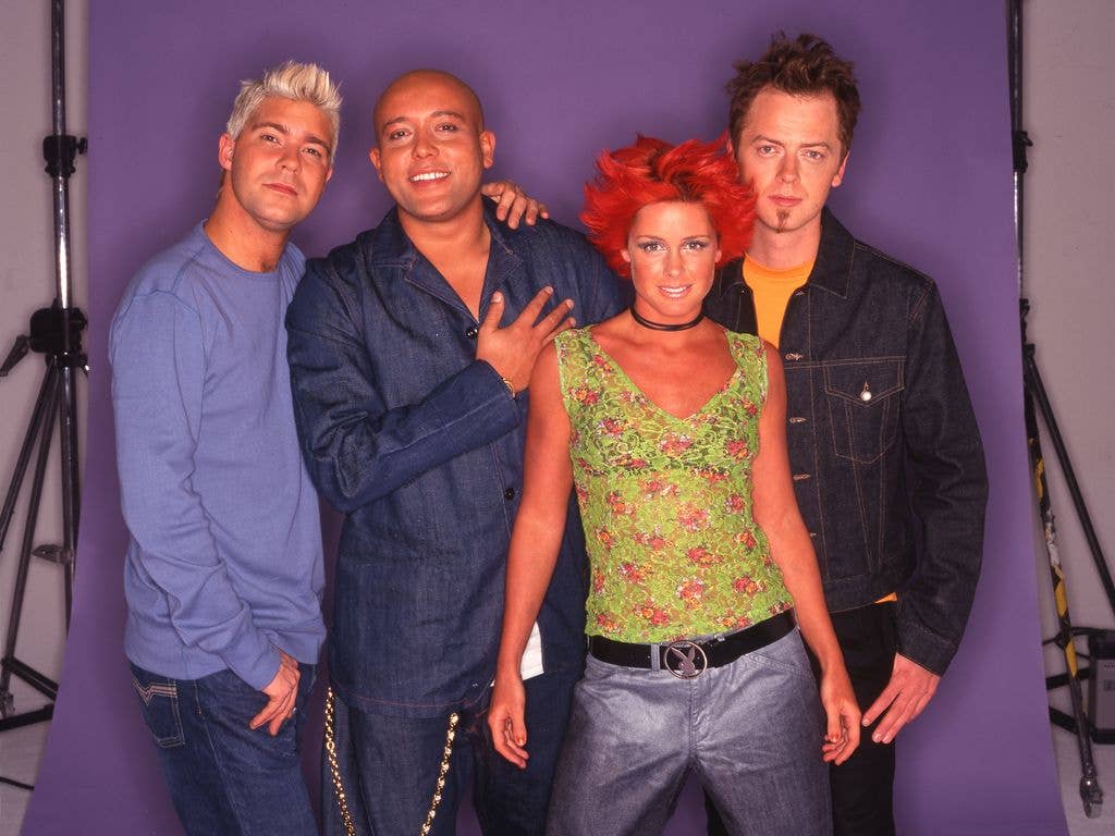 Portrait of the members of Danish Pop group Aqua, early 2000s. Pictured are, from left, Soren Rasted, Rene Dif, Lene Nystrom, and Claus Norreen.