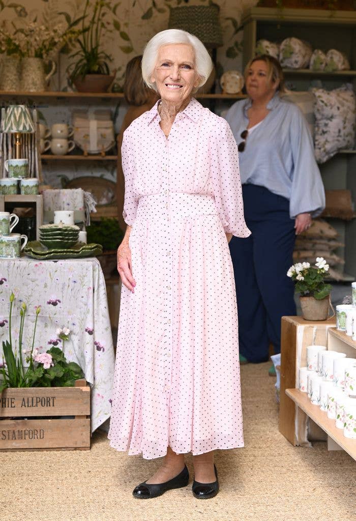 Mary Berry wears a pink polka dot shirt dress