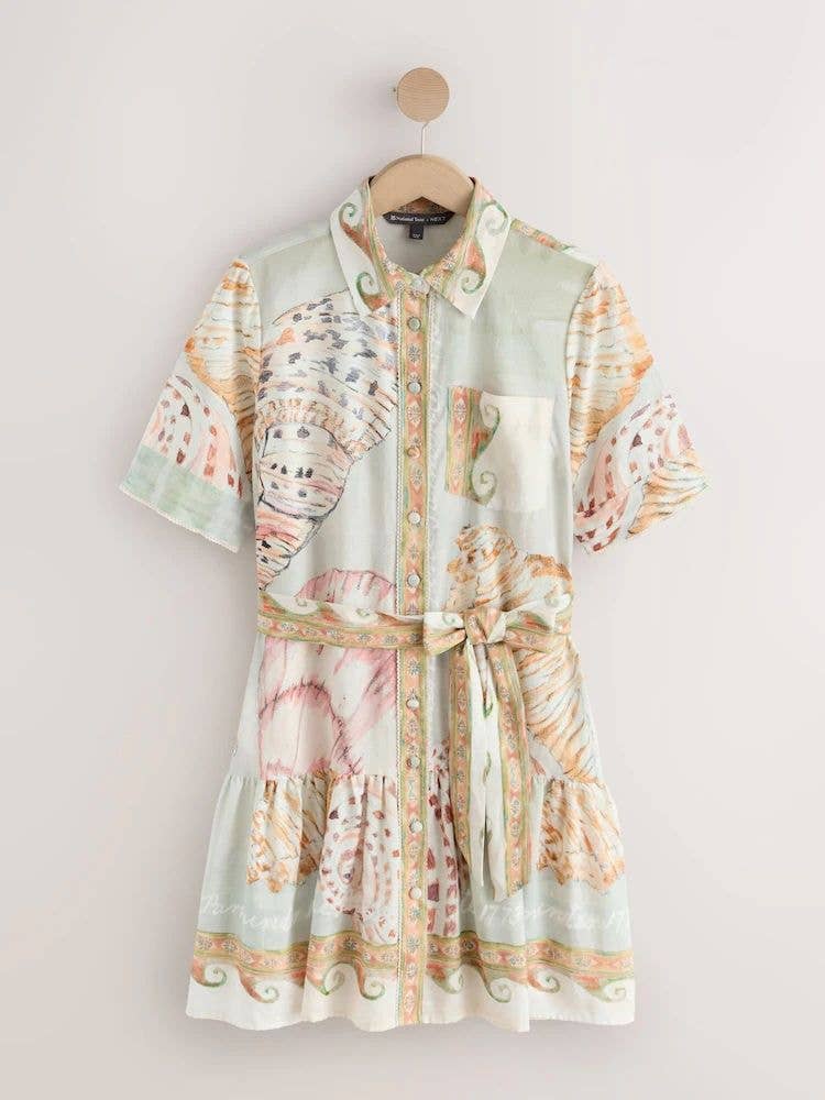 Ecru/Blue Shell Print National Trust X Next Short Sleeve Tie Waist Shirt Dress