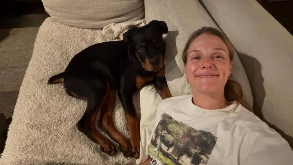 Tracy Spiridakos with her adopted puppy Cali