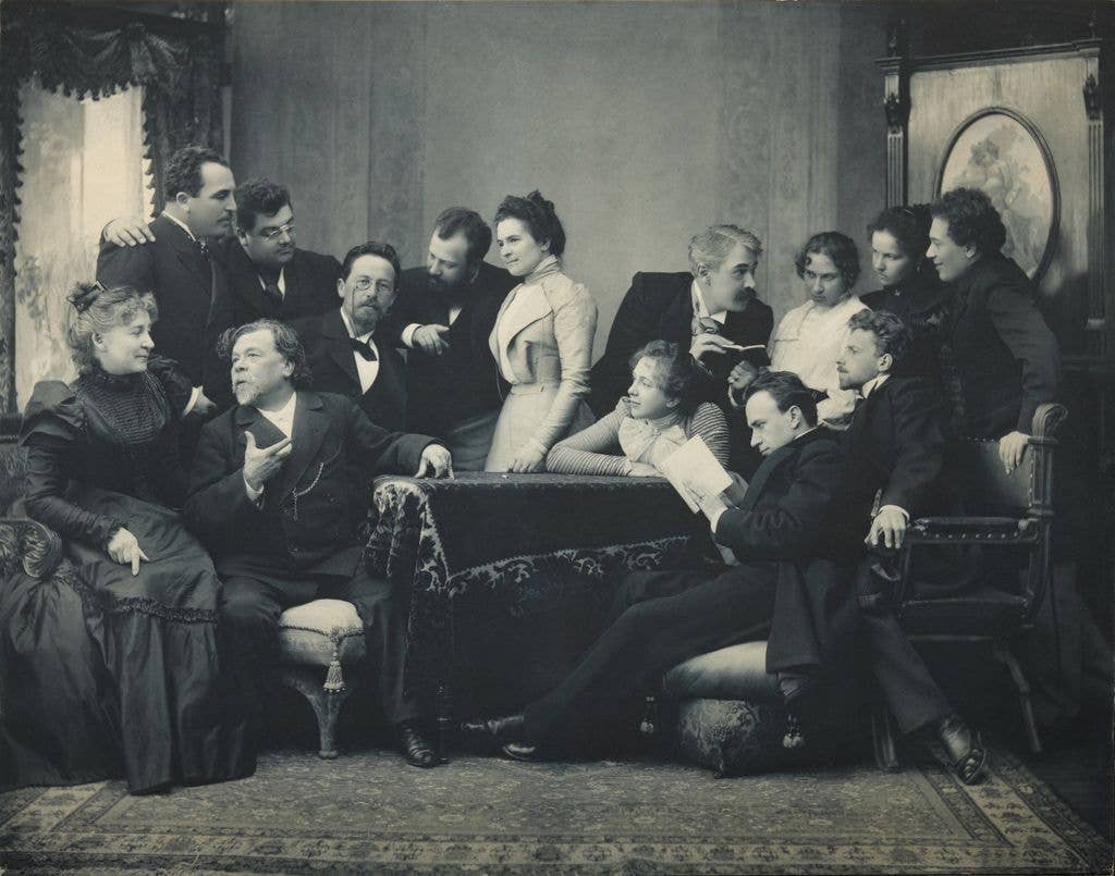 Anton Chekhov between actors of the play The Seagull, 1899. Found in the collection of State Central Literary Museum, Moscow. Artist : Pavlov, Pyotr Petrovich (1860-1925).