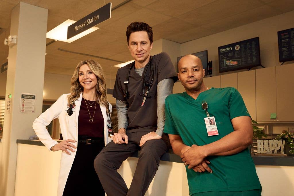 Sarah Chalke as Elliot Reid, Zach Braff as John "J.D." Dorian, and Donald Faison as Christopher Turk in Scrubs