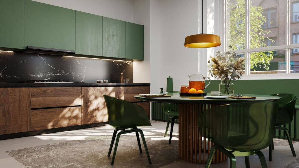 Modern kitchen with green cabinets, wooden table, and green chairs. No people present.