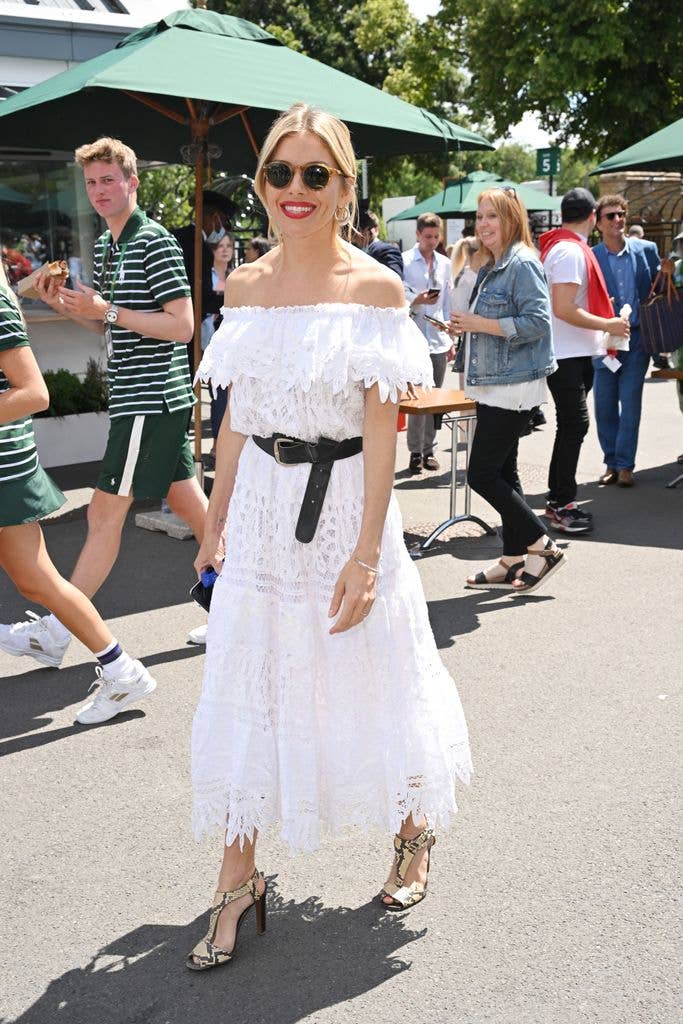 Sienna Miller in a white Bardot dress