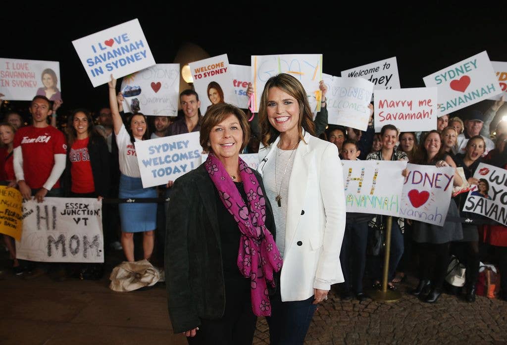 Australian-born presenter, Savannah Guthrie poses alongside her mother Nancy Guthrie during a production break whilst hosting NBC's "Today Show" live from Australia at Sydney Opera House on May 4, 2015 in Sydney, Australia